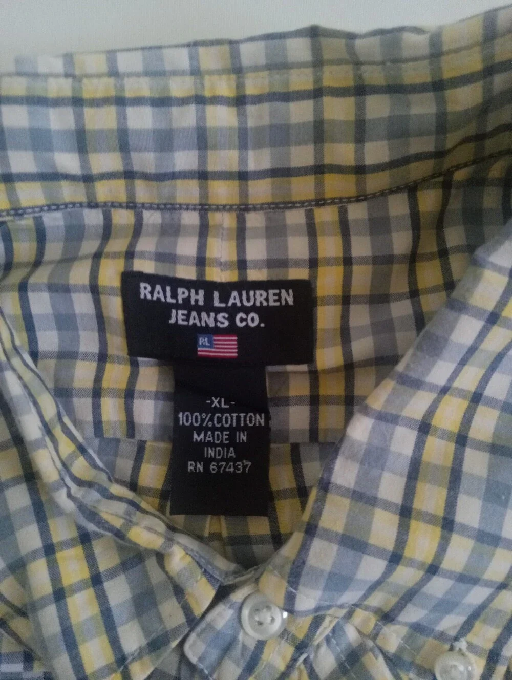 Polo Jeans Co Ralph Lauren Button Mens XL Cream Blue Plaid Short Sleeve Shirt